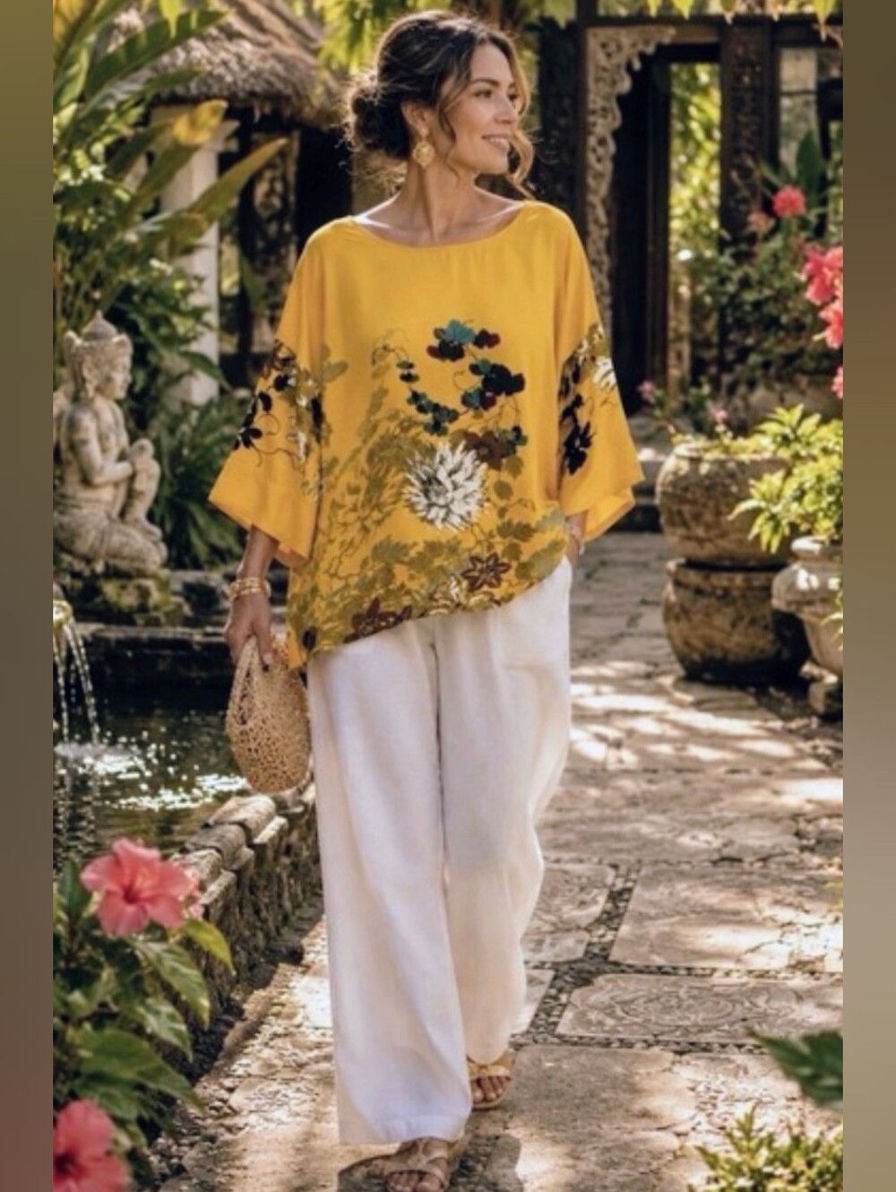 Soft Surroundings Bright Golden Floral Satin Tunic - Picture 4 of 14
